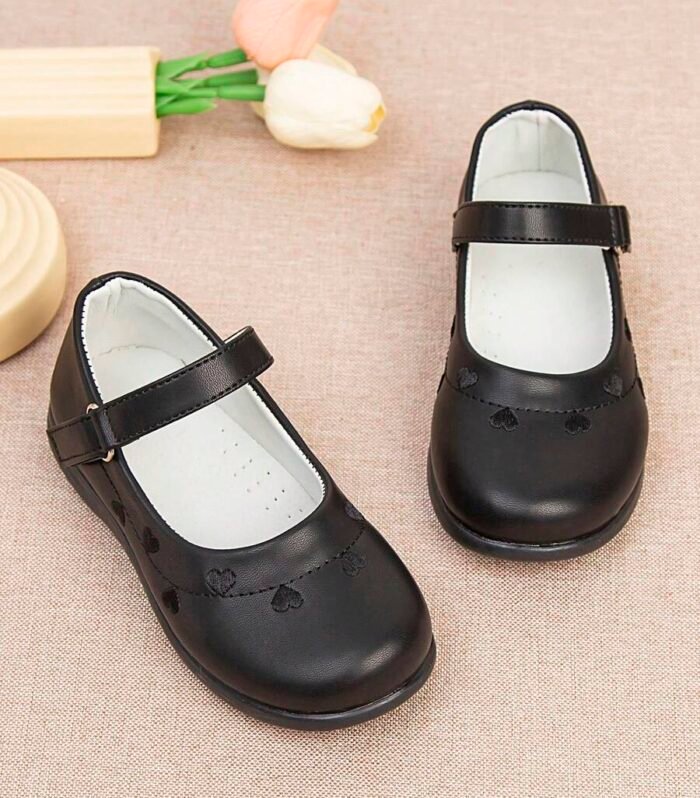 Girls Black Leather Heart Floral school Shoes
