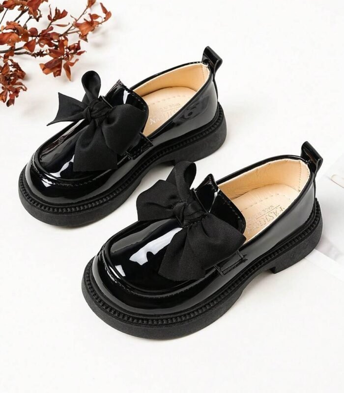 Girls Shiny Patent Leather Bow Slip-On Flat Shoes